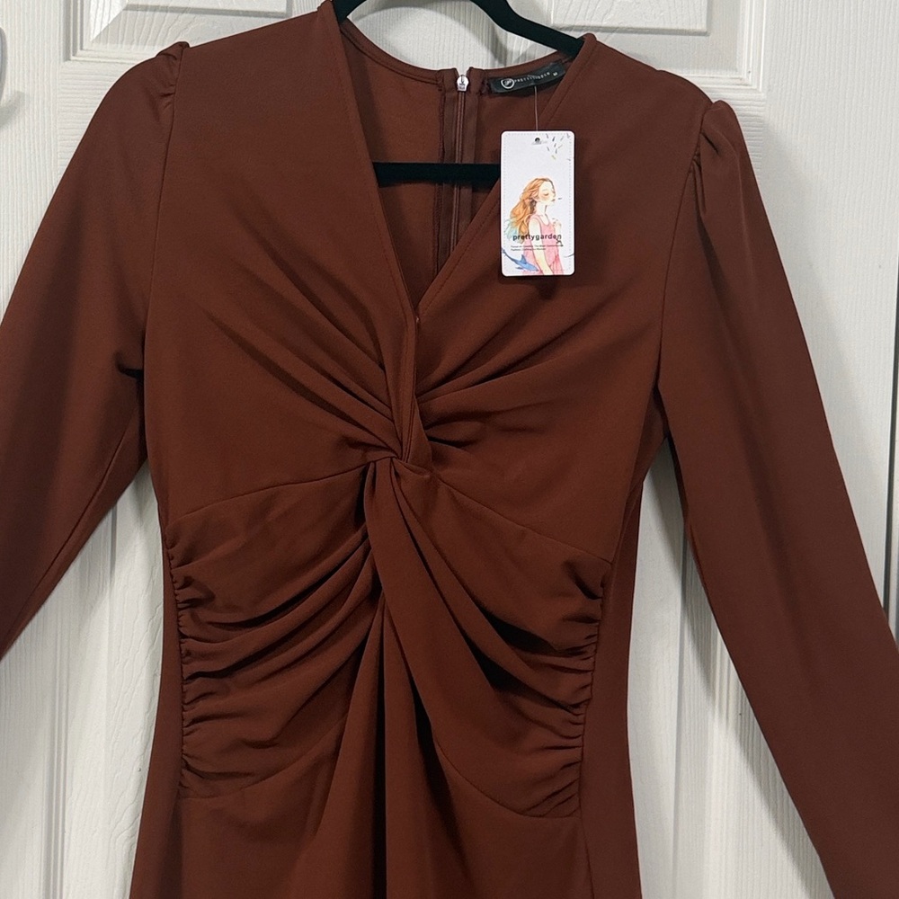 New PrettyGarden Long Sleeve Brown Dress Elegant Wear Career Office Wear Luxury - Picture 6 of 15